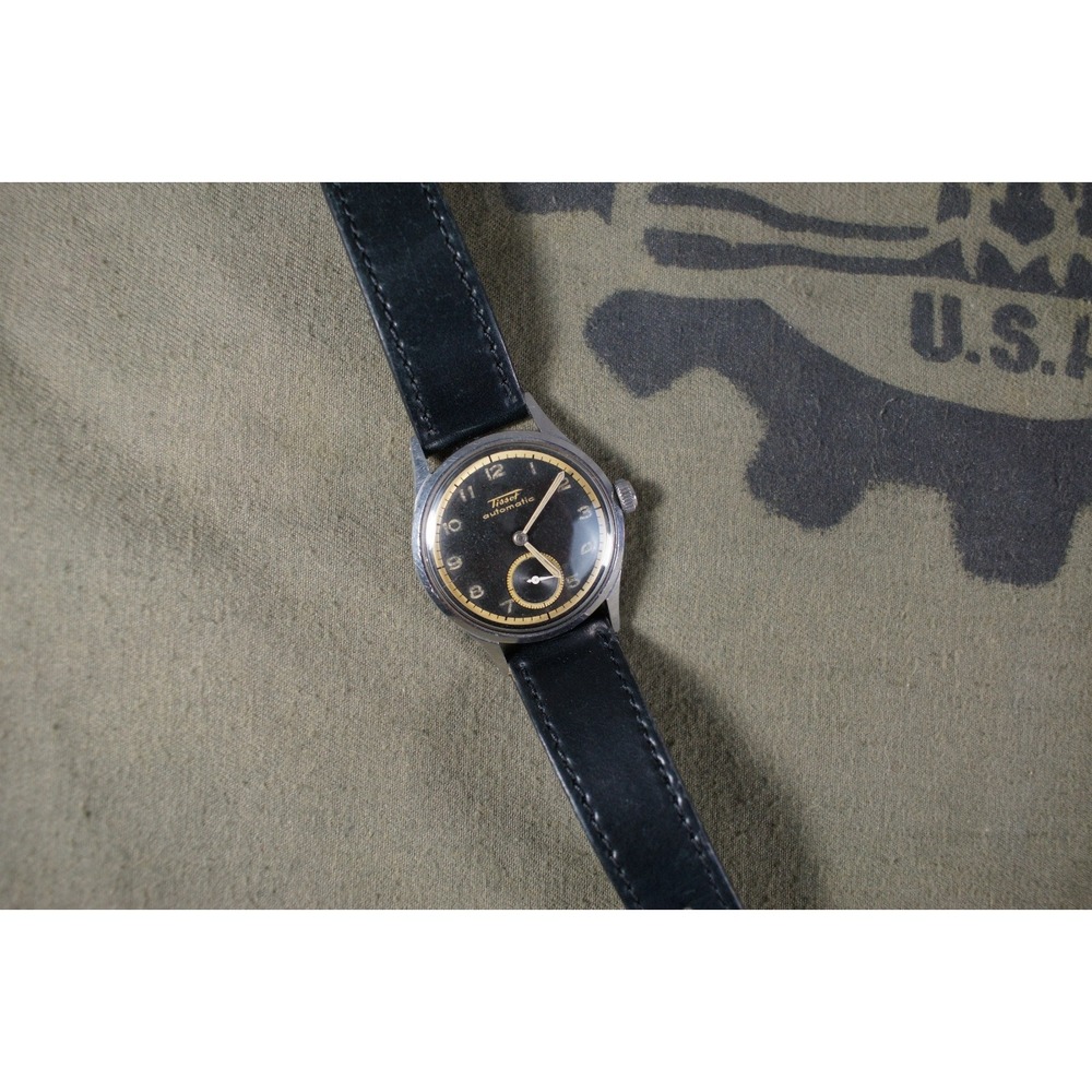 Vintage Tissot 1940s Automatic Black Gilt Military Art Deco 34mm Running Watch